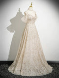 Champagne Tulle Sequins Floor Length Prom Dress, A-Line Spaghetti Strap Party Dress HZ0429