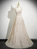 Champagne Tulle Sequins Floor Length Prom Dress, A-Line Spaghetti Strap Party Dress HZ0429