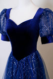 Blue Velvet and Tulle Sequins Long Prom Dress, Blue Evening Party Dress HZ0429