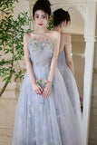 Blue Tulle Flowers Long Prom Dress, Blue A-Line Strapless Party Dress HZ0429