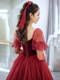 Burgundy Velvet and Tulle Floor Length Prom Dress, Beautiful Off the Shoulder Evening Party Dress HZ0429