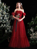 Burgundy Strapless Tulle Long Prom Dress, Burgundy A-Line Evening Party Dress HZ0429