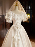 White Satin Tea Length Prom Dress with Lace, Retro A-Line Evening Party Dress HZ0429