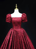 Burgundy Printed Pattern Floor Length Prom Dress, Elegant Off the Shoulder Formal Dress HZ0429