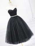 Black Shiny Tulle Tea Length Prom Dress, Black Strapless A-Line Party Dress HZ0429
