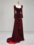Elegant Velvet Floor Length Prom Dress, Burgundy Long Sleeve Evening Party Dress HZ0429