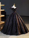 Black V-Neck Floor Length Formal Dress, A-Line Off the Shoulder Evening Party Dress HZ0429
