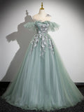 Cute Tulle Lace Long Prom Dress, A-Line Scoop Neckline Off Shoulder Evening Party Dress HZ0429