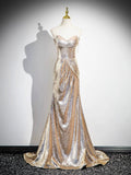 Gold Sequins Long Prom Dress, Shiny Off the Shoulder Evening Party Dress HZ0429