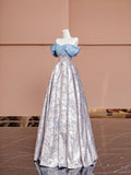 Blue Satin and Floral Pattern Floor Length Prom Dress, Off the Shoulder Evening Party Dress HZ0429