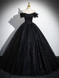 Sparkly Tulle Black Sweetheart Ball Gown, A-Line Off the Shoulder Evening Dress HZ0429