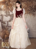 Burgundy Velvet and Champagne Tulle Long Prom Dress, Lovely A-Line Short Sleeve Evening Party Dress HZ0429