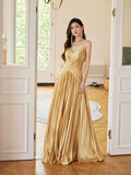 Unique Spaghetti Straps Satin Long Prom Dress, Gold V-Neck Backless Evening Party Dress HZ0429