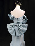 Mermaid Satin Long Prom Dress, Blue Off the Shoulder Party Dress with Bow HZ0429