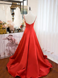 Red Spaghetti Strap Satin Long Prom Dress, Simple A-Line Backless Evening Party Dress HZ0429