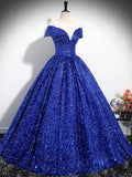 Blue Sequins Floor Length Prom Dress, Elegant A-Line Formal Evening Dress HZ0429