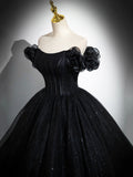 Sparkly Tulle Black Sweetheart Ball Gown, A-Line Off the Shoulder Evening Dress HZ0429