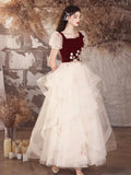 Burgundy Velvet and Champagne Tulle Long Prom Dress, Lovely A-Line Short Sleeve Evening Party Dress HZ0429