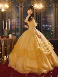 Yellow Tulle Long A-Line Ball Gown, Beautiful Off the Shoulder Princess Dress HZ0429