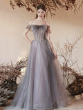 Gray Tulle Beaded Long Prom Dress, Beautiful Off the Shoulder Evening Party Dress HZ0429