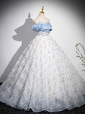 Blue Tulle Printing Floor Length Prom Dress, Off the Shoulder Backless Evening Dress HZ0429