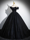 Sparkly Tulle Black Sweetheart Ball Gown, A-Line Off the Shoulder Evening Dress HZ0429