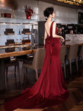 Burgundy V-Neck Satin Long Prom Dress, Elegant Backless Evening Party Dress HZ0429