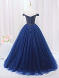 Blue Tulle Beaded Long Prom Dress, Off the Shoulder Evening Party Dress HZ0429