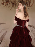 Burgundy Velvet Layers Long Prom Dress, Beautiful A-Line Off the Shoulder Evening Party Dress HZ0429