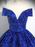 Blue Sequins Floor Length Prom Dress, Elegant A-Line Formal Evening Dress HZ0429