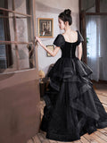 Black Velvet and Tulle Long Party Dress, Black A-Line Evening Dress Party Dress HZ0429