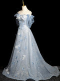 Blue Tulle Sequins Long Prom Dress with Lace, Beautiful Off the Shoulder Evening Party Dress HZ0429