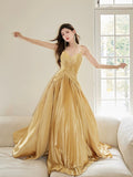 Unique Spaghetti Straps Satin Long Prom Dress, Gold V-Neck Backless Evening Party Dress HZ0429
