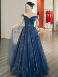 Blue Shiny Tulle Floor Length Prom Dress, Off the Shoulder A-Line Evening Party Dress HZ0429