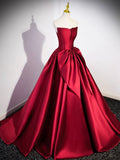 Burgundy Satin Strapless Long Prom Dress, Beautiful A-Line Evening Party Dress HZ0429