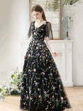 Black V-Neck Tulle Sequins Long Prom Dress, Black A-Line Evening Party Dress HZ0429