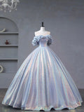 Blue Tulle Sequins Long Formal Dress, Off the Shoulder Princess Dress Sweet 16 Dress HZ0429