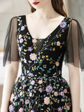 Black V-Neck Tulle Sequins Long Prom Dress, Black A-Line Evening Party Dress HZ0429