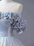 Blue Tulle Sequins Long Formal Dress, Off the Shoulder Princess Dress Sweet 16 Dress HZ0429