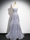 Shiny Tulle Sequins Floor Length Prom Dress,  Gray A-Line Evening Party Dress HZ0429
