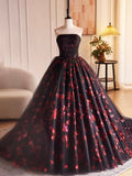 Black Tulle and Red Sequins Long Pom Dress, Beautiful A-Line Strapless Formal Evening Dress HZ0429