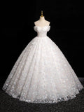 White Tulle Flowers Long A-Line Formal Dresses, Beautiful Off the Shoulder Sweet 16 Formal Dresses HZ0429
