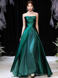 Dark Green Satin Long Prom Dress, Beautiful A-Line Strapless Evening Party Dress HZ0429