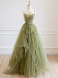 Green Spaghetti Strap Tulle Long Prom Dress, Beautiful A-Line Formal Evening Dress HZ0429