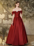 Burgundy Satin Beaded Floor Length Prom Dress, Off the Shoulder Evening Party Dress HZ0429