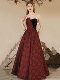 Elegant Rose Pattern Satin Long Prom Dress with Velvet, A-Line Strapless Formal Evening Dress HZ0429