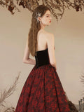 Elegant Rose Pattern Satin Long Prom Dress with Velvet, A-Line Strapless Formal Evening Dress HZ0429