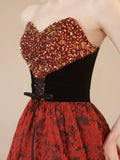 Burgundy Satin Sequins Long Prom Dress, Elegant A-Line Strapless Formal Party Dress HZ0429