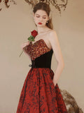 Burgundy Satin Sequins Long Prom Dress, Elegant A-Line Strapless Formal Party Dress HZ0429