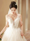 White V-Neck Tulle Beaded Long Prom Dress, Beautiful A-Line Formal Evening Dress HZ0429